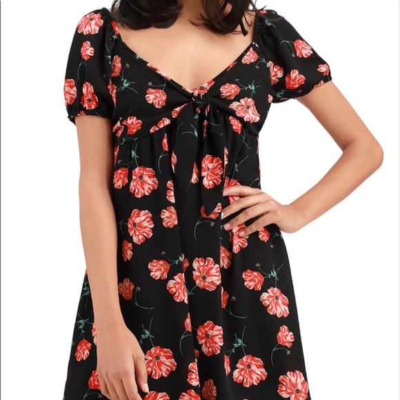 Jack by BB Dakota Pretty in Poppies Black Floral Print Tie Front Mini Dress NWT - Picture 2 of 7